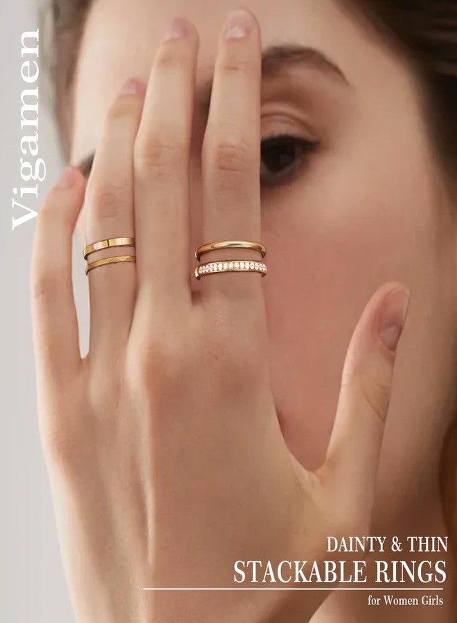 Vigamen 4 Pack 14K Gold Plated Thin Stackable Rings for Women,Cubic Zirconia Simulated Diamond Stack Rings,Minimalist Dainty Trendy Statement Stacking Rings Set,Gold,Size 8 - Image 4